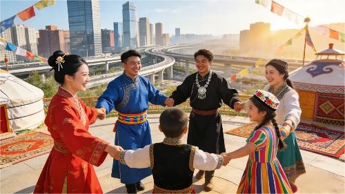 - Vibrant scene of China's ethnic groups celebrating festival together