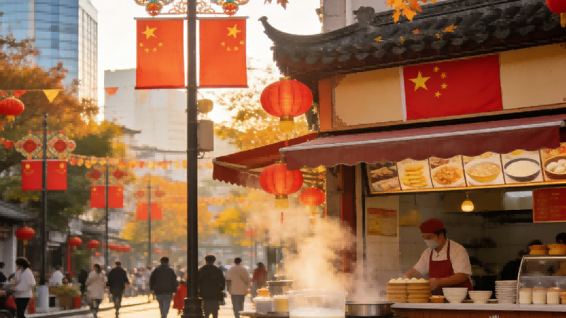 China's National Day street scene with five-starred flags