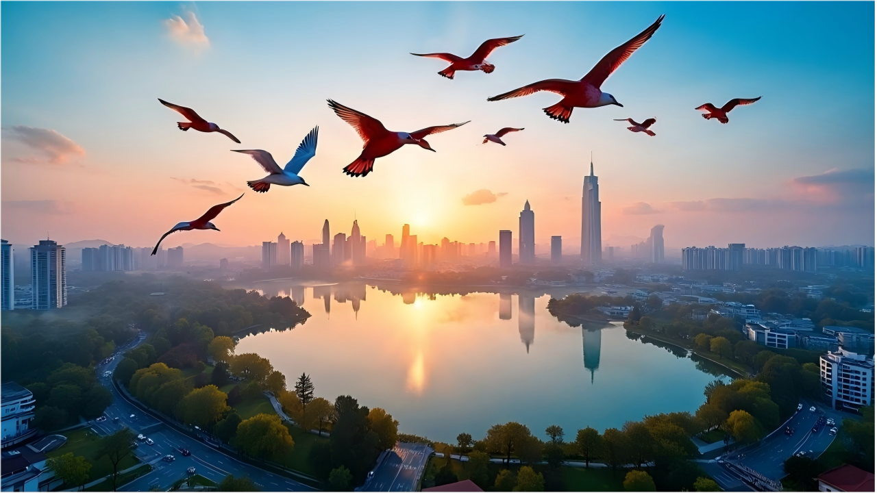 Red-billed gulls flying at sunrise in Dianchi, Kunming