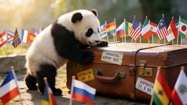 Chinese panda cubs in foreign countries lie on trunks with national labels