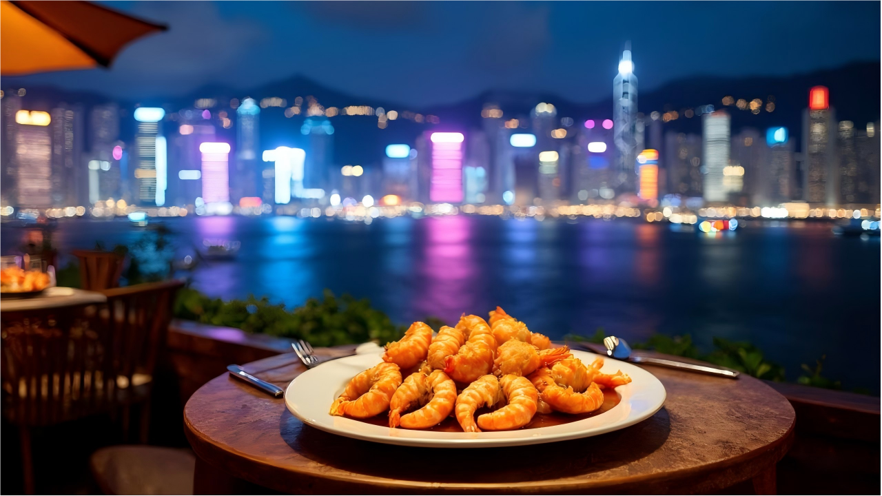 night view of the Chinese restaurant terrace and honey barbecue in Hong Kong
